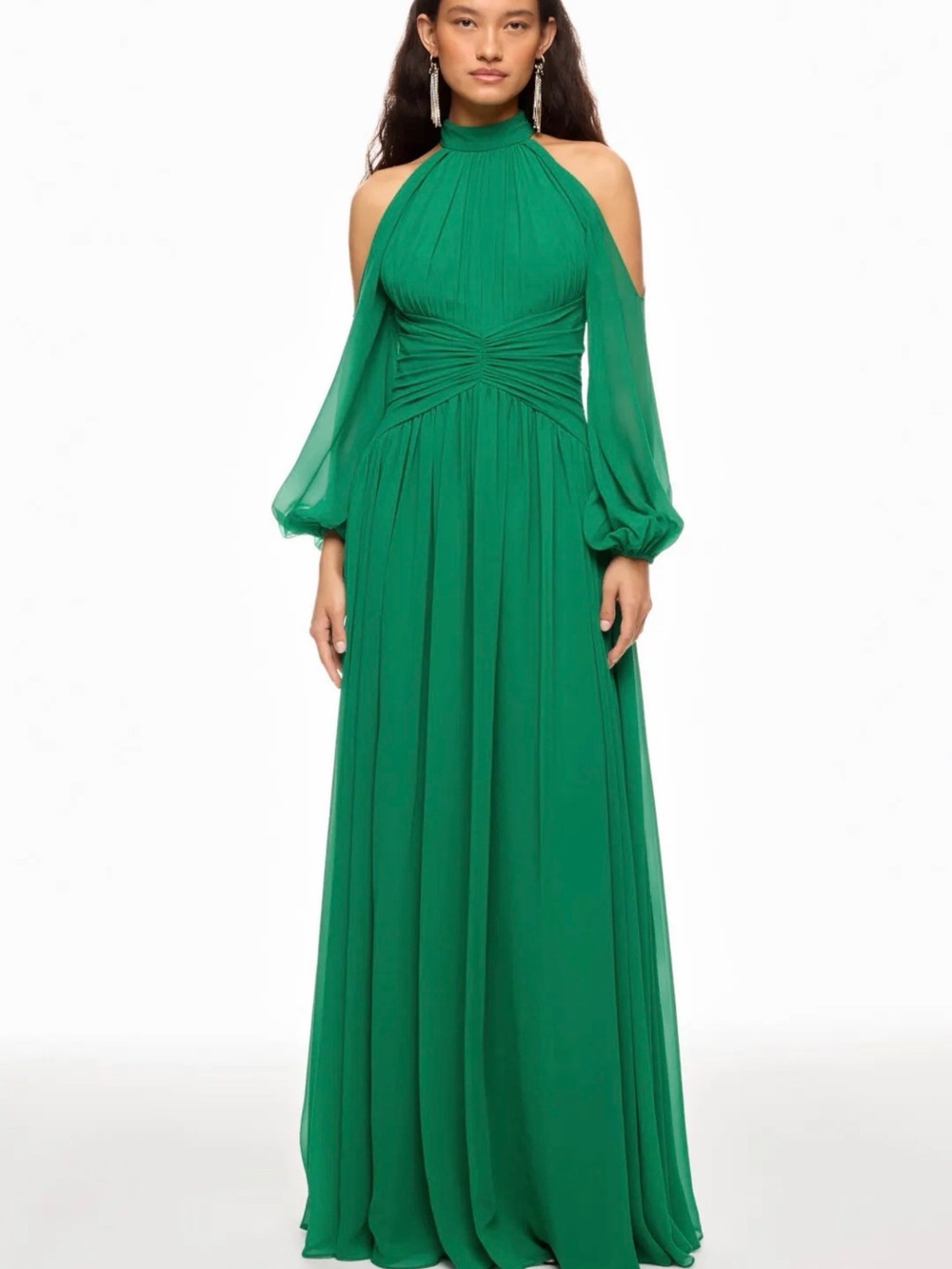 Zac Posen Emerald Green Cold-Shoulder Halter Maxi Gown